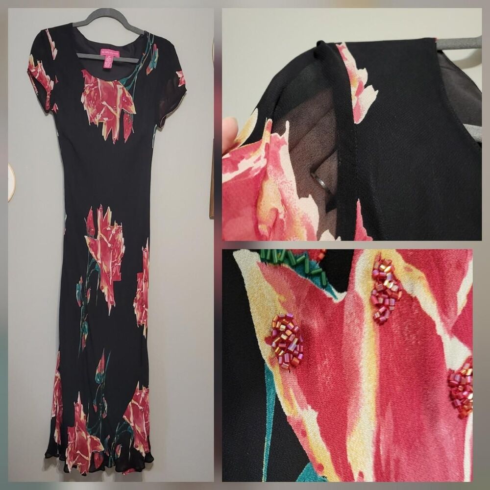 VTG 90s Ricky & James Women's 10 Floral Beaded Sheer Maxi Dress